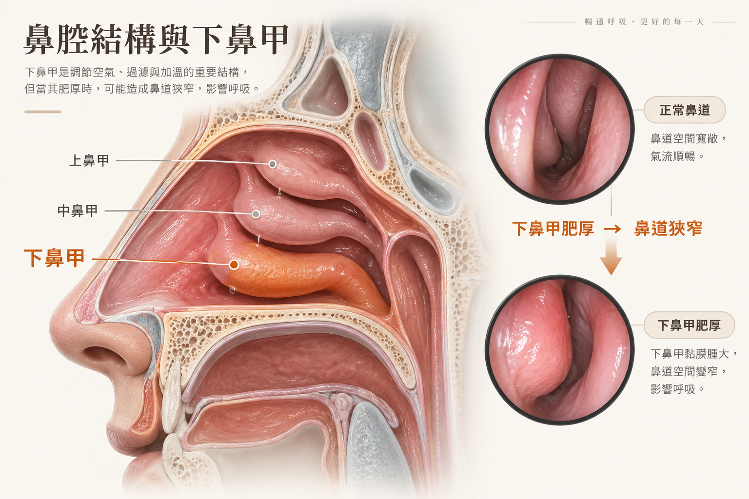 下鼻甲解剖位置示意圖，說明下鼻甲肥厚造成鼻塞的機制｜樂樂耳鼻喉科診所