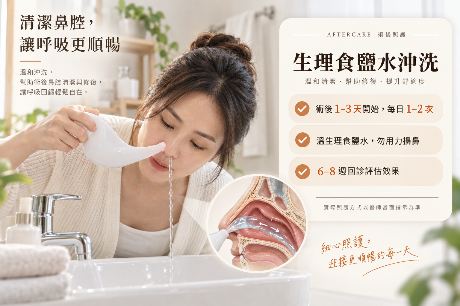 鼻腔生理食鹽水沖洗示意，下鼻甲射頻術後照護重點｜樂樂耳鼻喉科診所