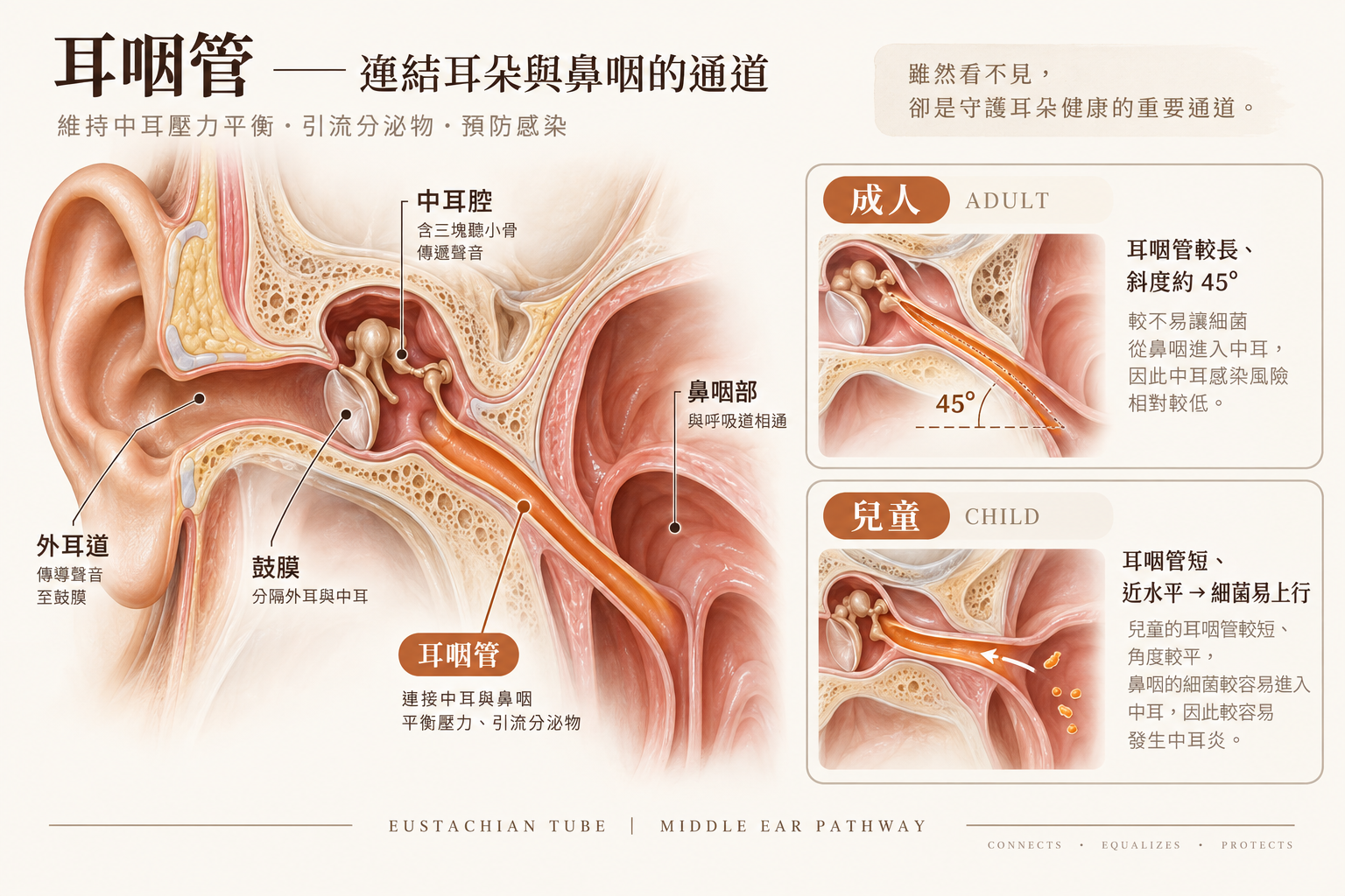 中耳炎耳咽管解剖示意圖，說明中耳腔與鼻咽部的連通關係｜樂樂耳鼻喉科診所
