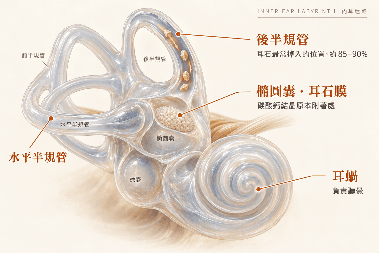 內耳半規管與耳石示意圖，說明耳石脫落造成BPPV眩暈的機制｜樂樂耳鼻喉科診所