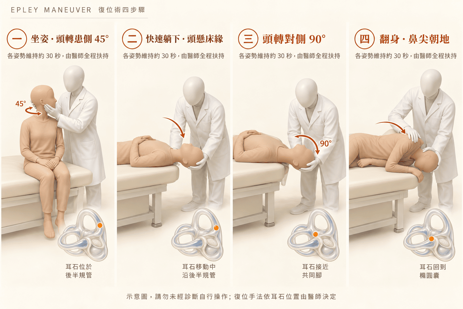 耳石復位術Epley手法步驟示意圖，醫師協助患者進行姿勢轉換｜樂樂耳鼻喉科診所