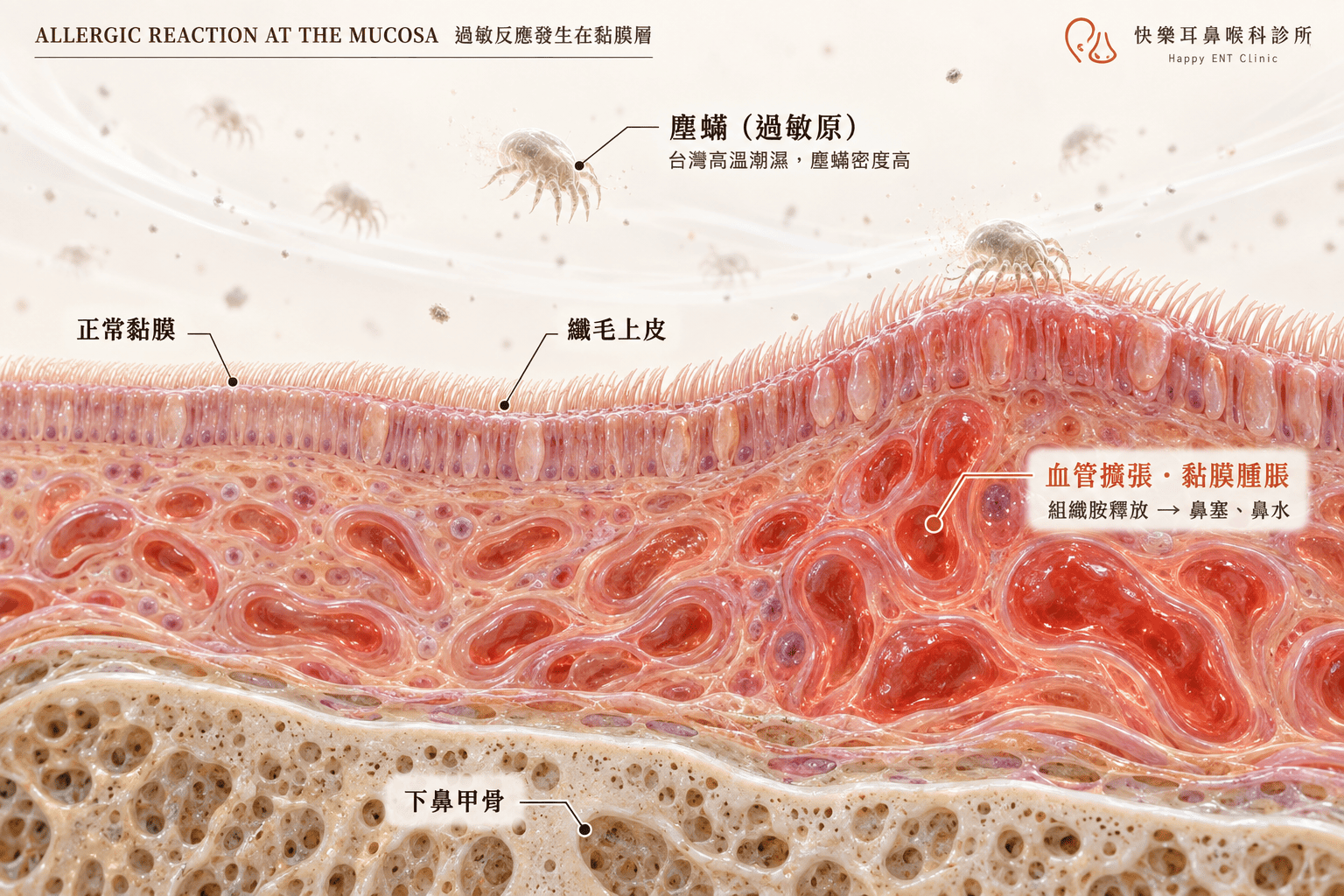 過敏性鼻炎鼻黏膜腫脹示意圖，樂樂耳鼻喉科診所