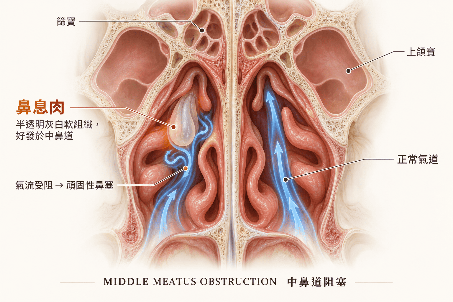 鼻息肉造成鼻塞示意圖，顯示鼻腔內息肉阻塞氣道－樂樂耳鼻喉科診所